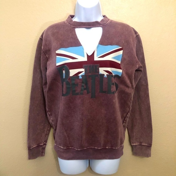 The Beatles Women's Graphic Cutout Neck Long Sleeve Sweatshirt Distressed Size S - Picture 1 of 11